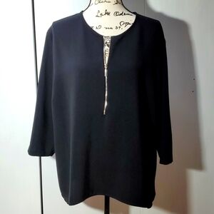 ICO| Womens Black Elegant Blouse Silver Front Zipper Edgy Office Careerwear XXL